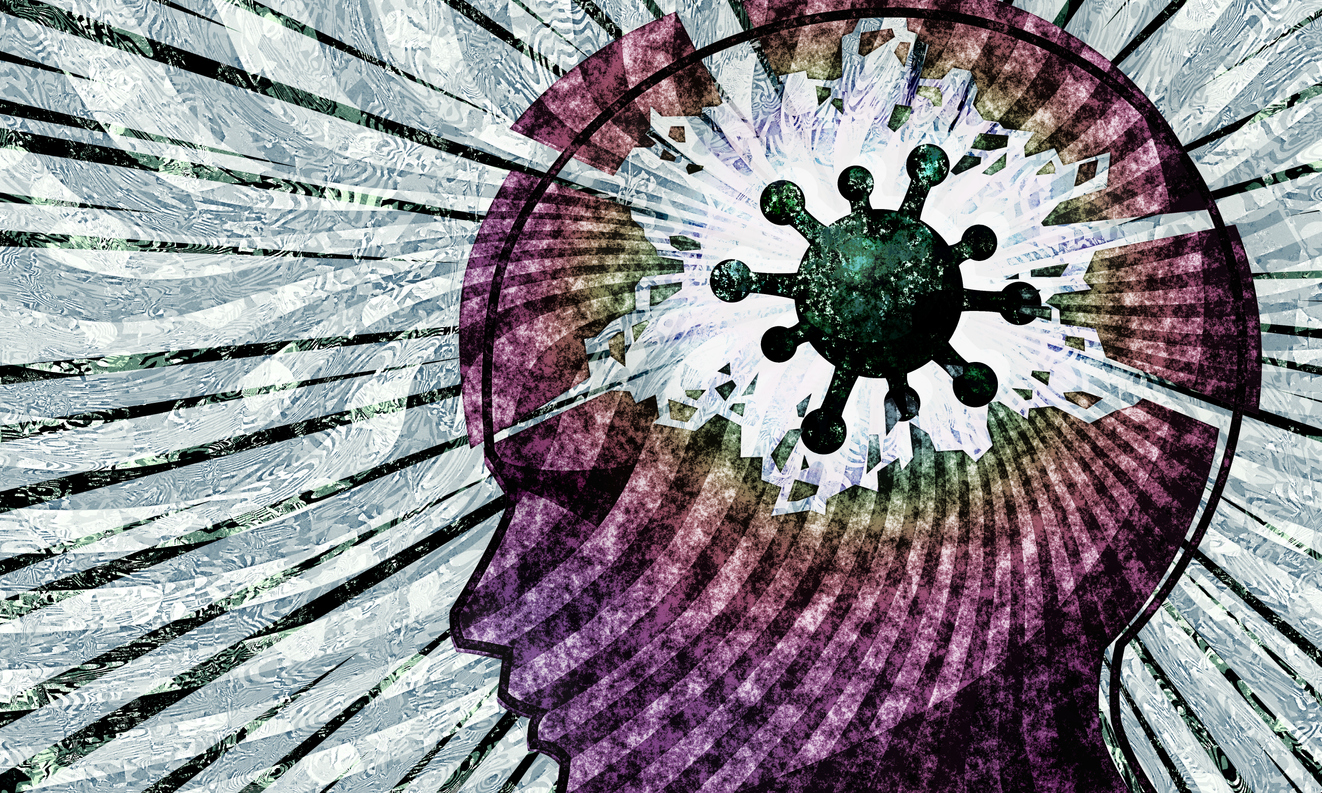 coronavirus pandemic mental health impact covid cell in head breakdown with grunge swirl effect