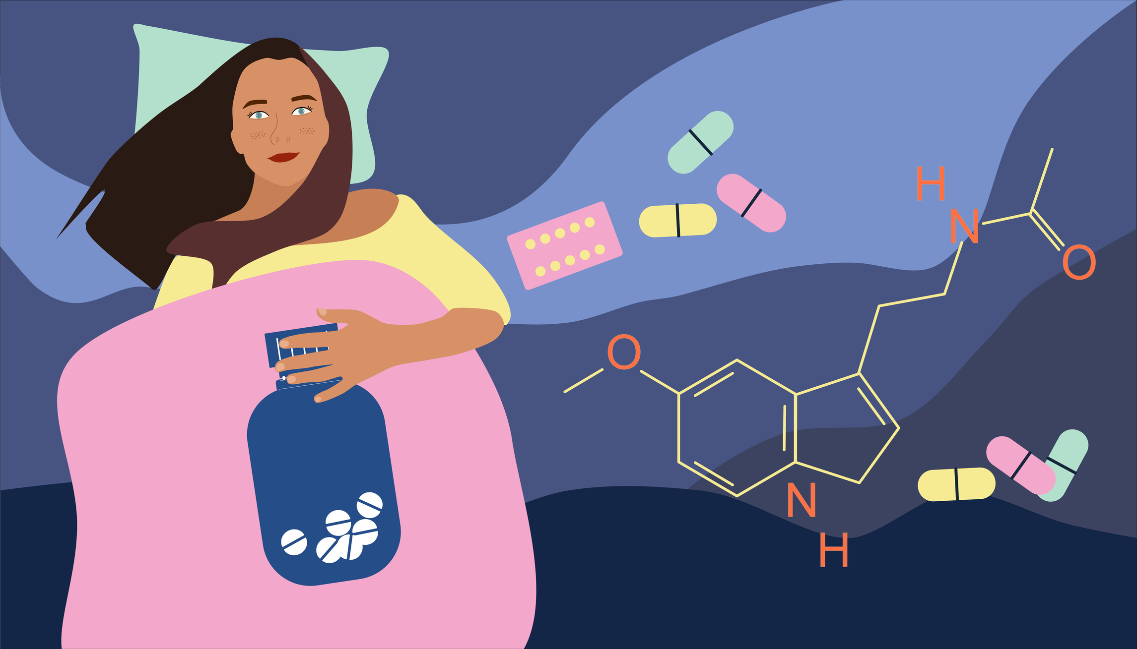 Insomnia concept. Melatonin tablets with chemical formula. Young woman lying in bed and has sleep disorder. Addiction of pills