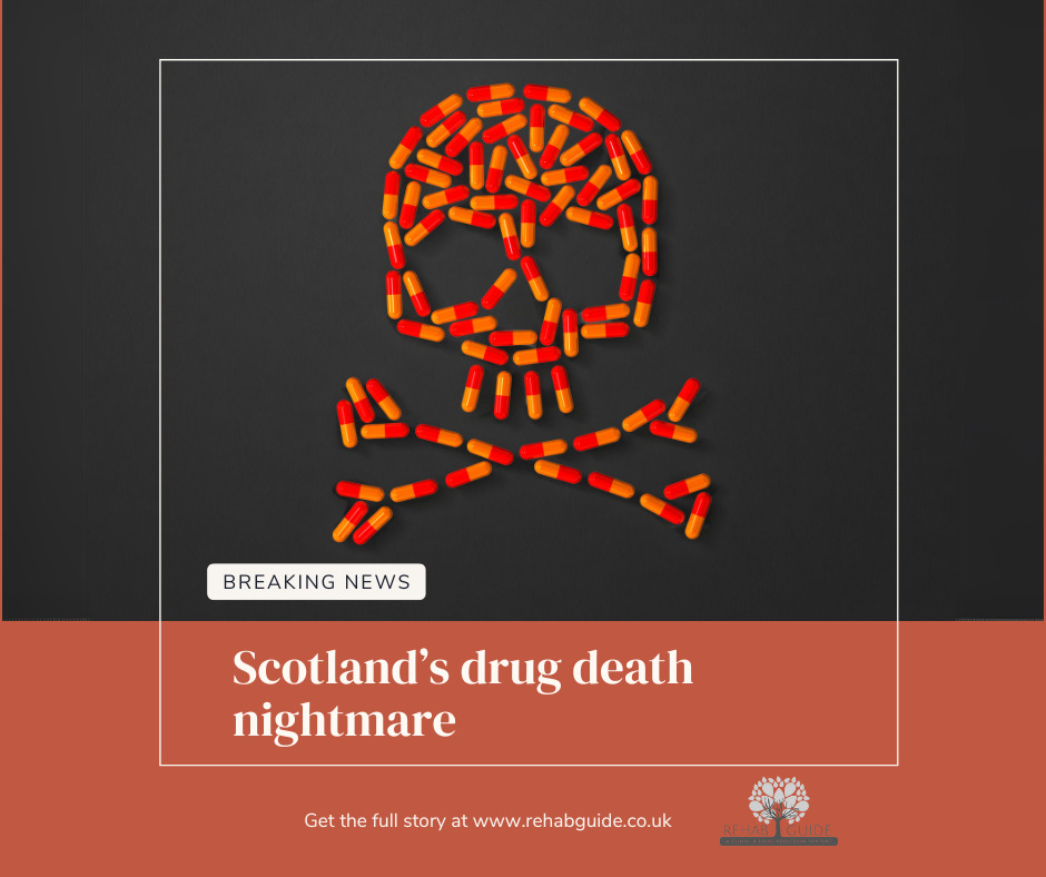 news article scotland drug deaths image of skull made of pills words breaking news in a button