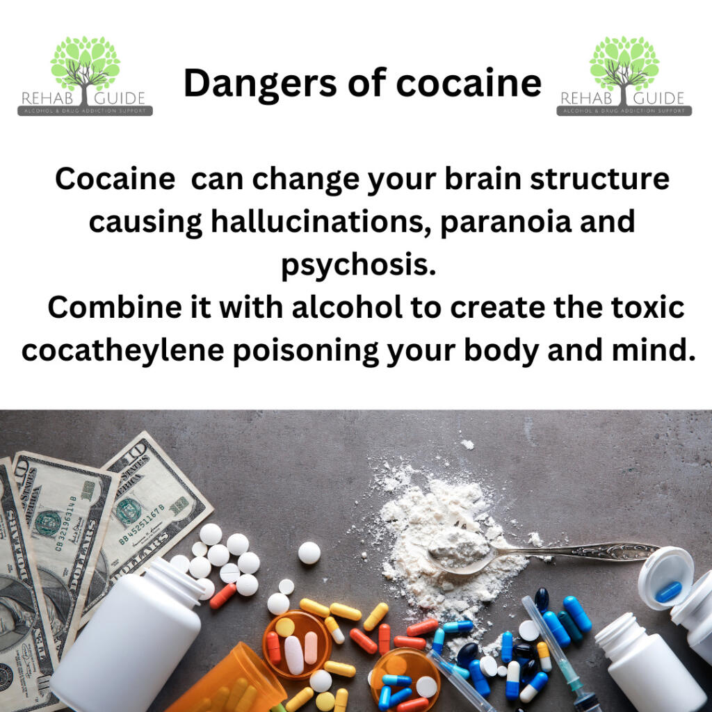 Text on dangers of cocaine use photo of cocaine, pills and money sitting on a grey surface