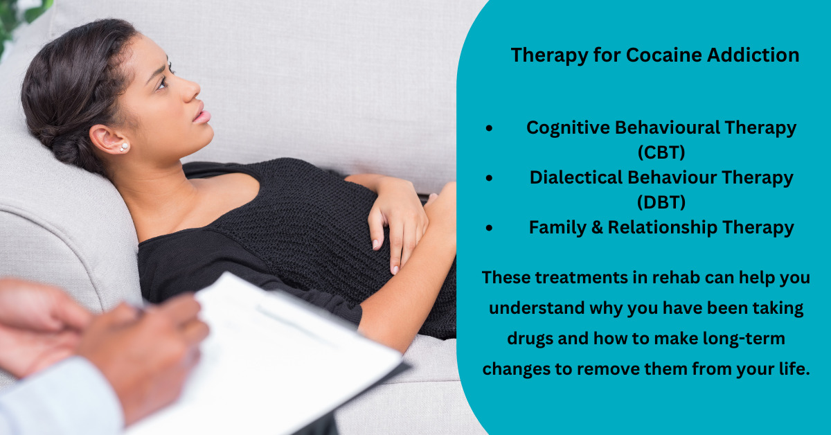 Woman sitting on a therapist's couch with a blue box on the side with text about therapy for cocaine addiction