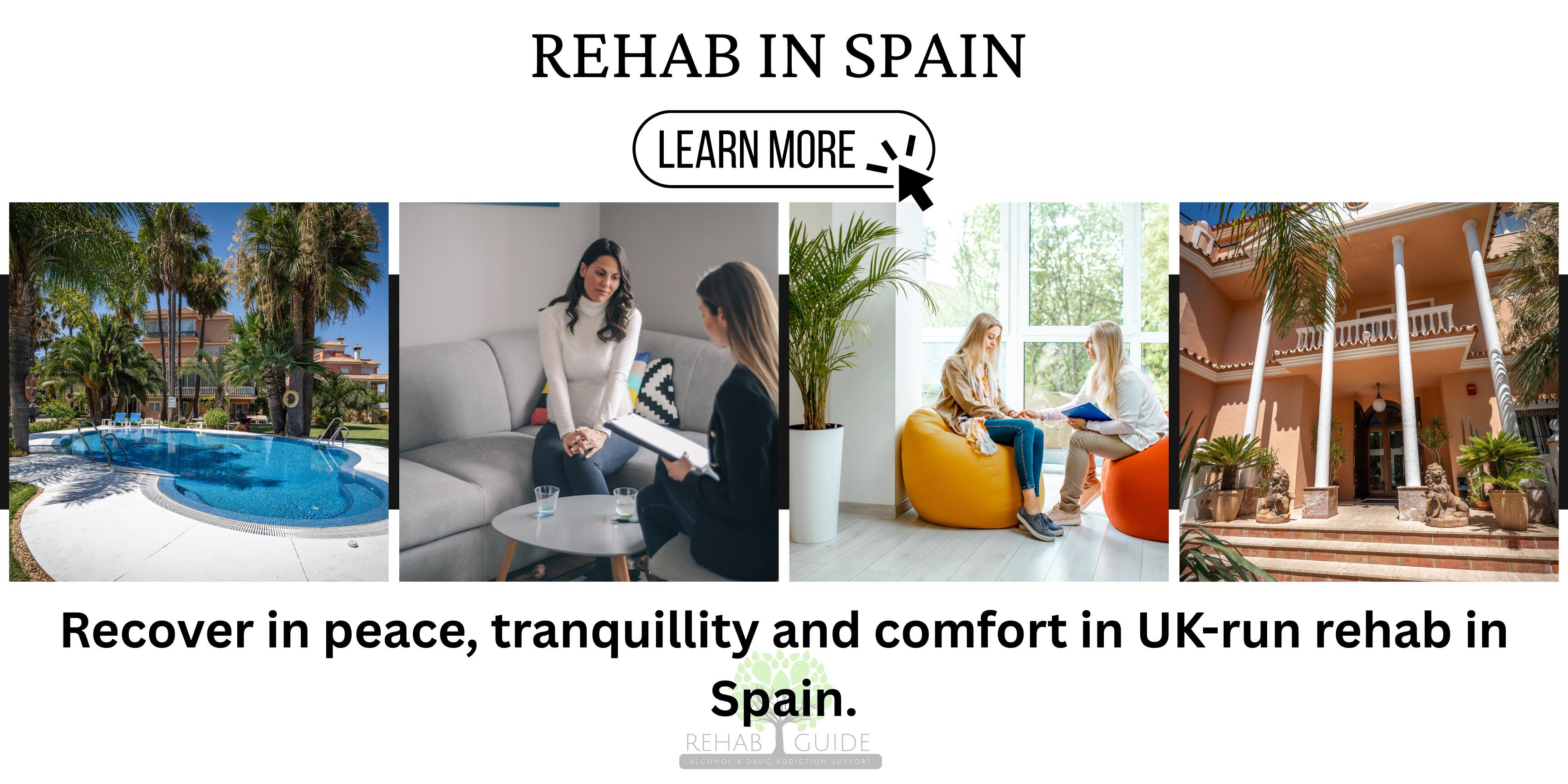 Photo array of a woman in a rehab in Spain facilities swimming pool and gardens