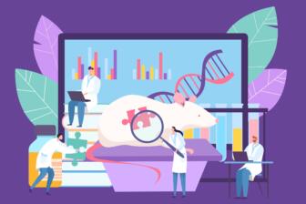 Scientists examining a lab mouse for addiction studies