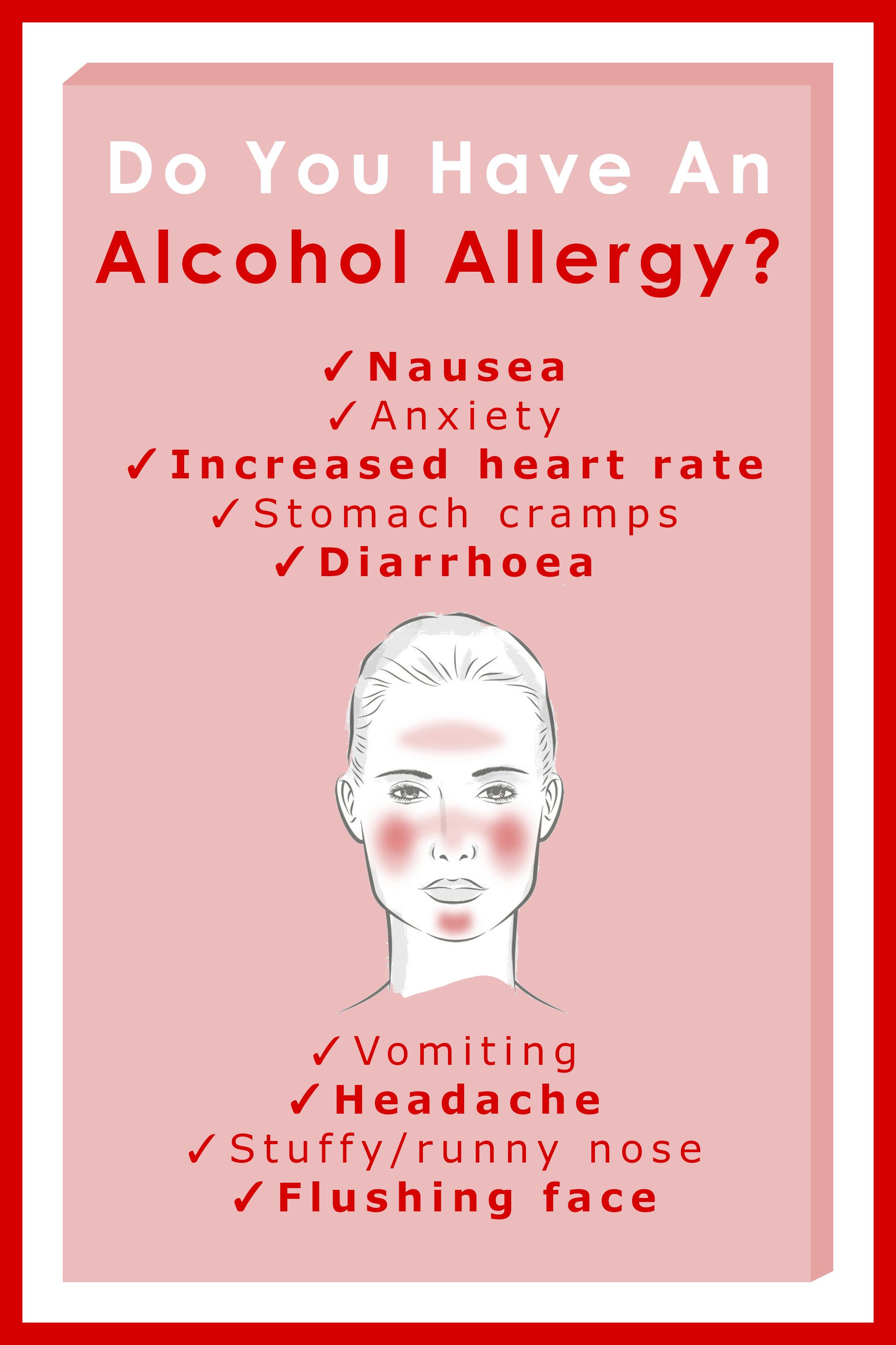 Infographic of alcohol allergy symptoms including nausea, flushing, headache