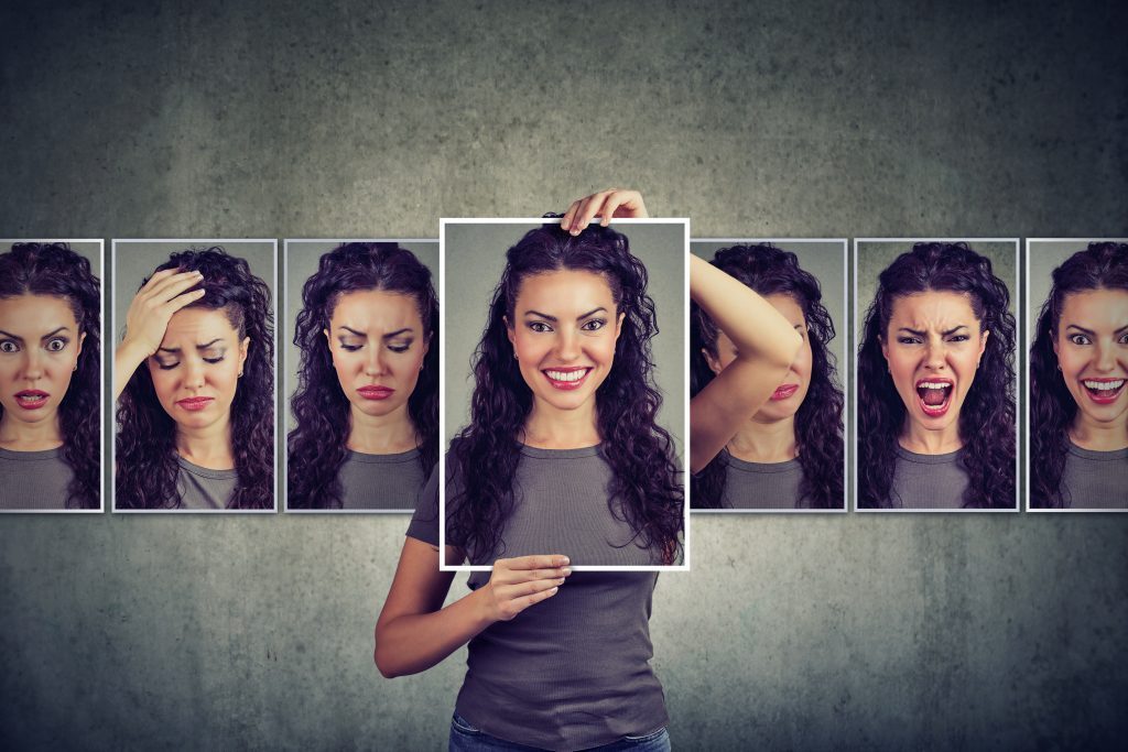 A woman displays various emotions, highlighting alcohol and bipolar challenges.