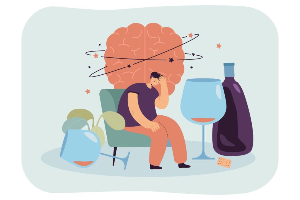 Illustration of person struggling with alcohol addiction and brain stress