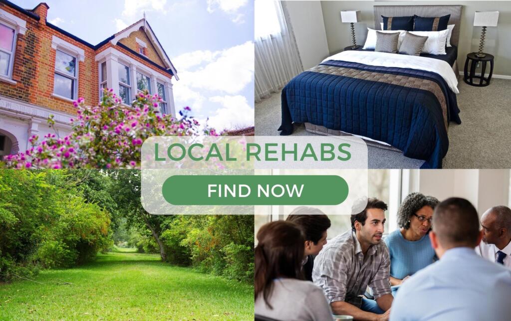 Collage showing rehab facility, bedroom, peaceful garden, group meeting
