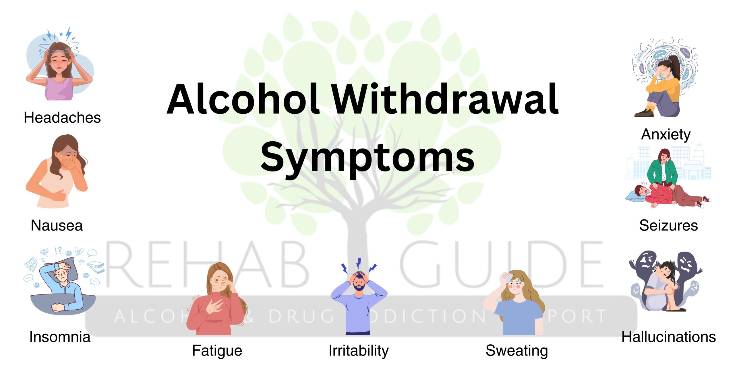 Illustration of alcohol withdrawal symptoms like headaches, nausea, and anxiety.