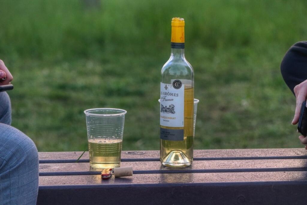 Wine bottle and plastic cup on bench, addressing alcohol recovery