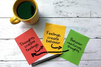Colorful notes illustrating Cognitive Behavioural Therapy concepts for recovery.