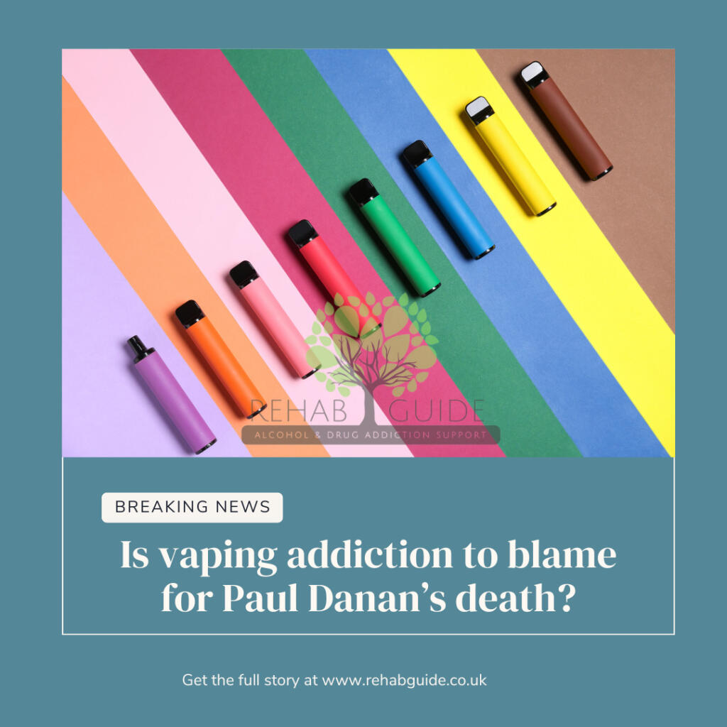 A row of colorful vape pens on a rainbow background, symbolizing addiction.