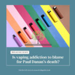 A row of colorful vape pens on a rainbow background, symbolizing addiction.