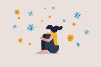 Illustration of person feeling anxious surrounded by Covid, mental health impact