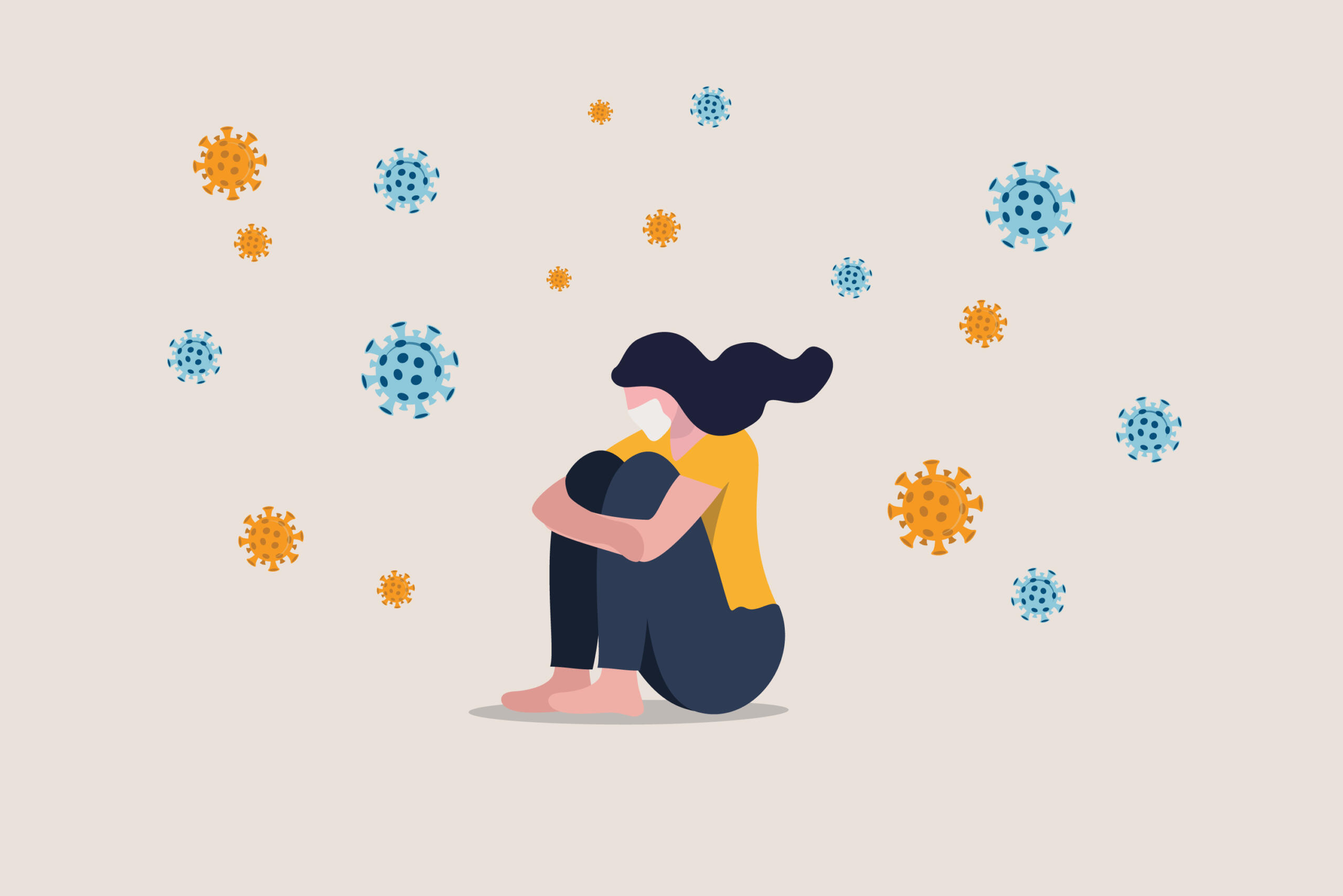 Illustration of person feeling anxious surrounded by Covid, mental health impact