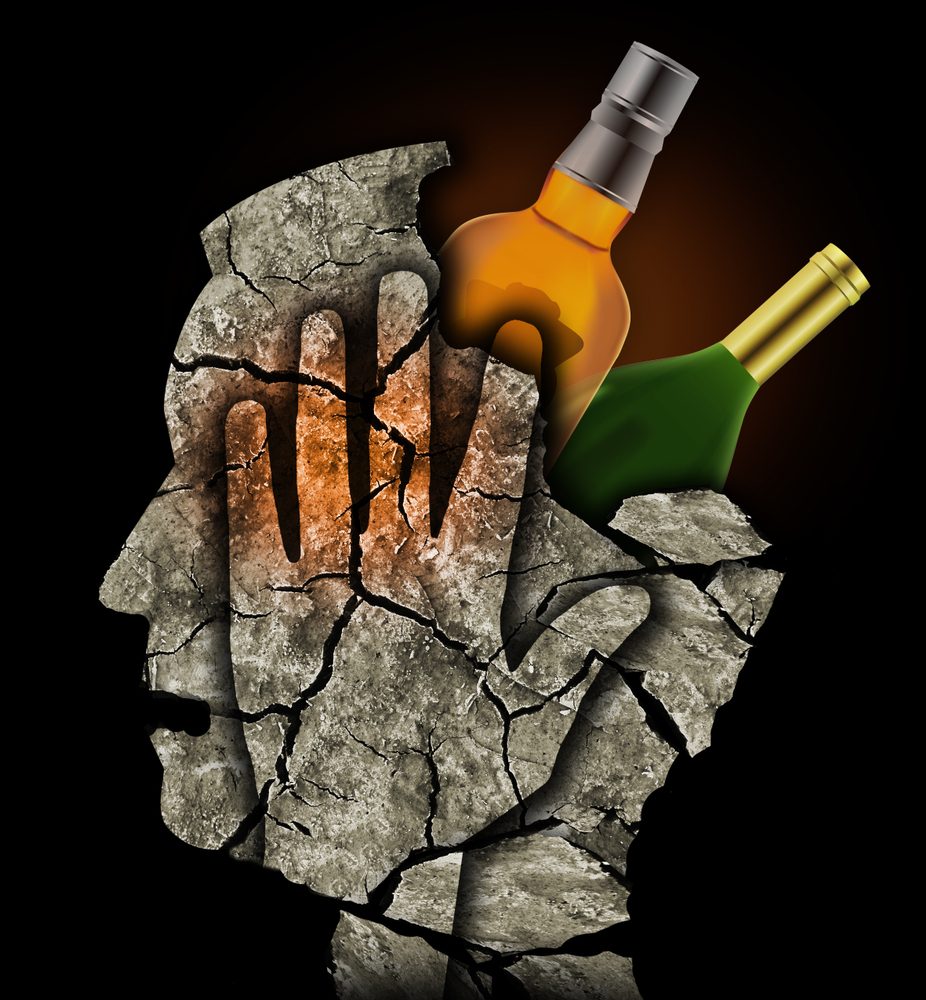 Cracked human silhouette with alcohol bottles, signifying dry drunk mindset.
