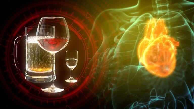 Digital illustration showing the effects of alcohol on the heart and health