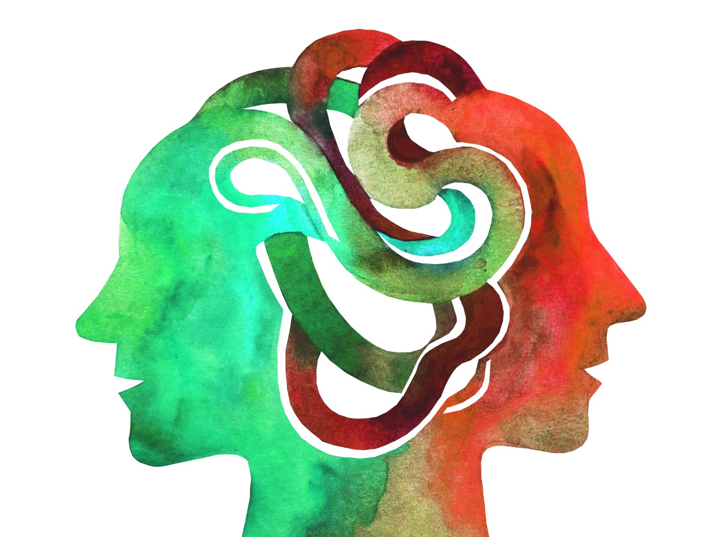 Abstract watercolor painting of two faces representing holistic therapy