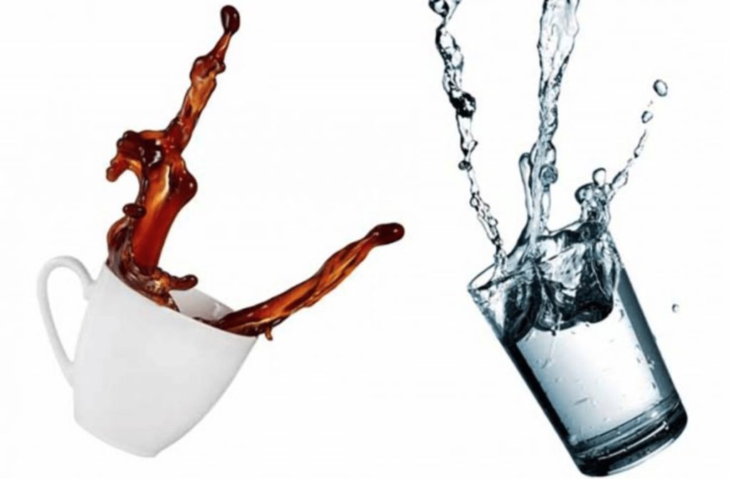 Image showing coffee and water spilling, illustrating how long alcohol stays in your system.