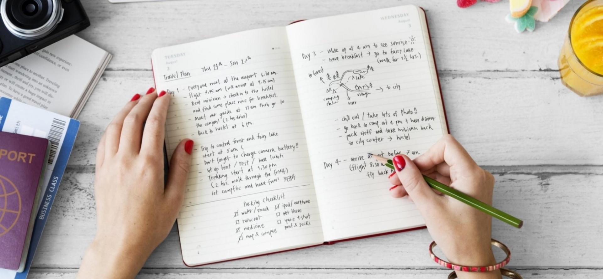 A person writing a travel plan in a journal; tools to stop drinking alcohol.