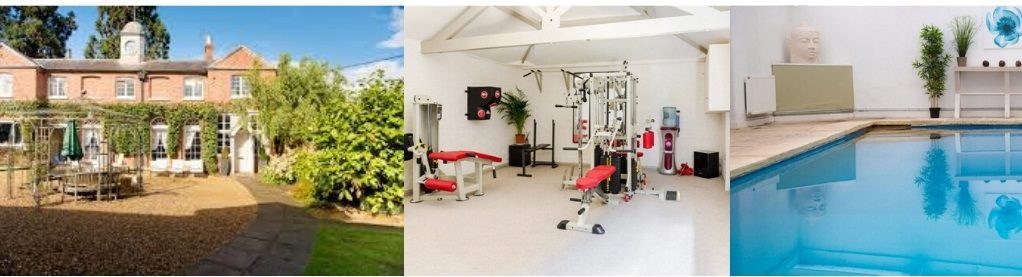 Image of rehab center with garden, gym equipment, and a pool for recovery.