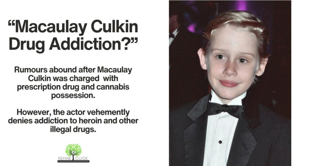 Young Macaulay Culkin in a tuxedo, addressing drug addiction rumors