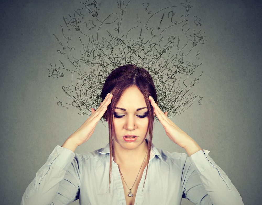 Woman stressing with chaotic thoughts while quitting alcohol