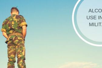 Soldier facing sky, text highlights alcohol use in military