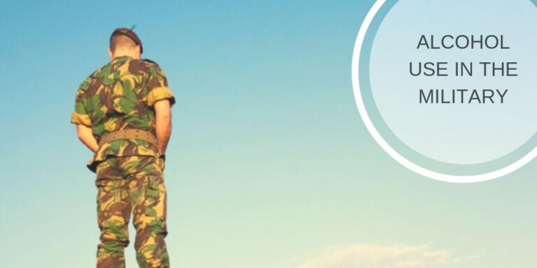 Soldier facing sky, text highlights alcohol use in military