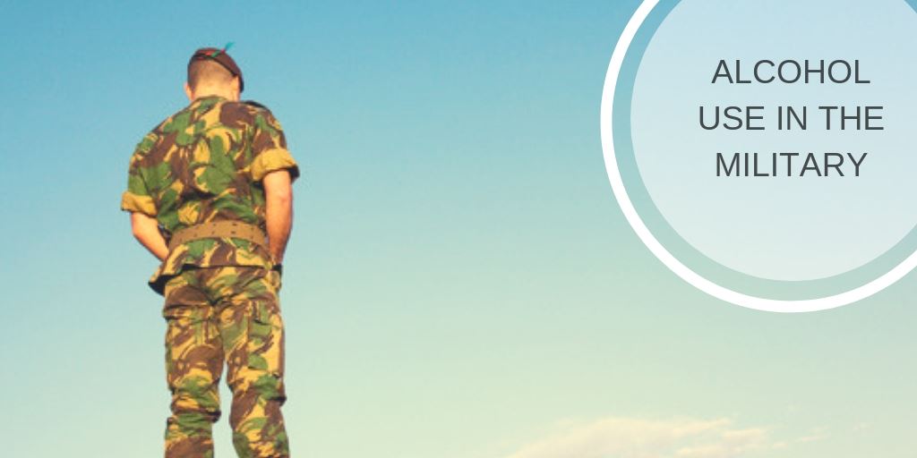 Soldier facing sky, text highlights alcohol use in military
