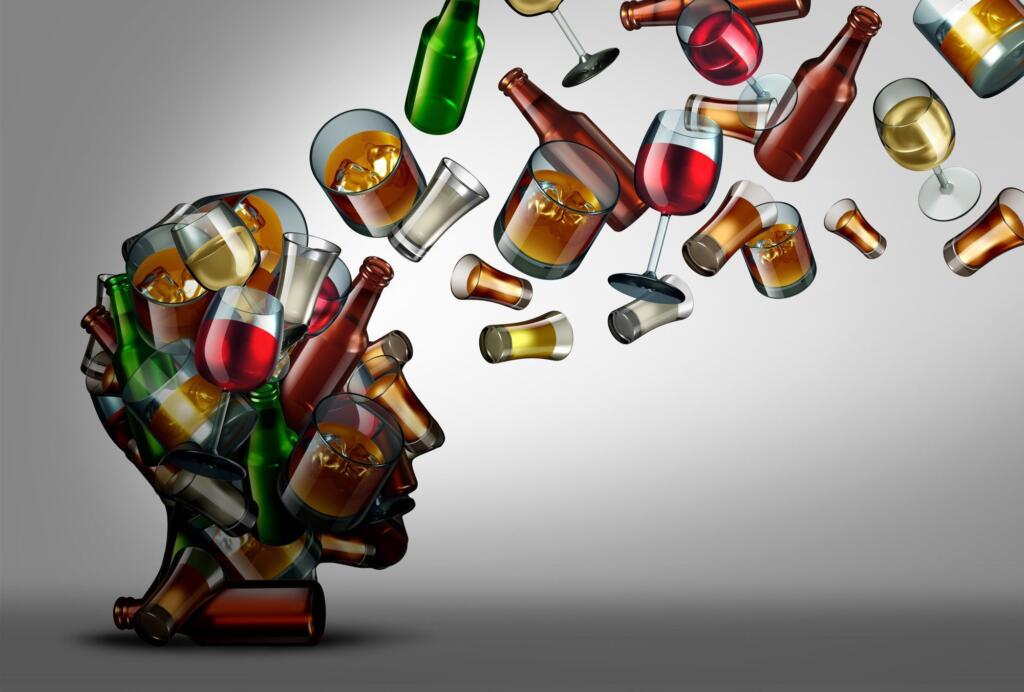 Head silhouette made of alcohol bottles symbolizing addiction recovery