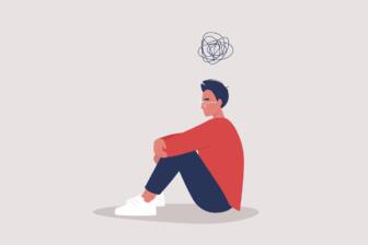 Illustration of person sitting with messy thought bubble, reflecting on recovery