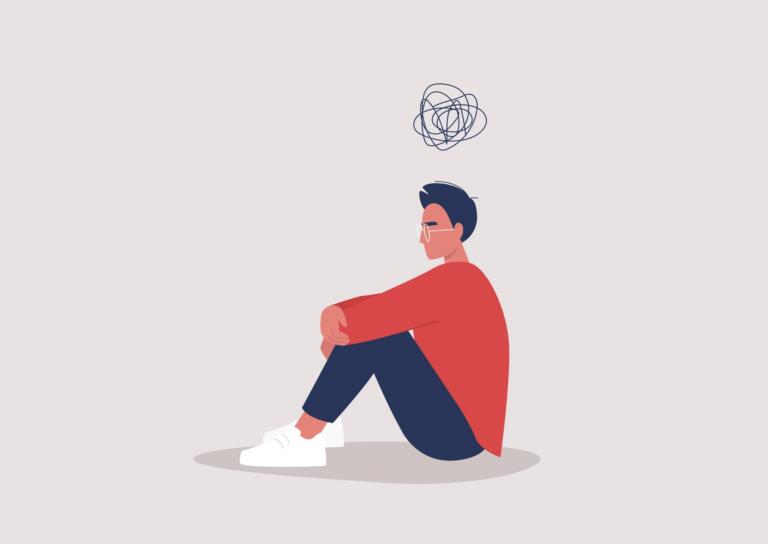 Illustration of person sitting with messy thought bubble, reflecting on recovery