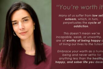 Woman with motivational text about self-worth and addiction recovery, Rehab Bradford