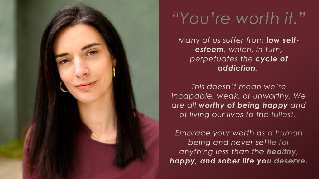 Woman with motivational text about self-worth and addiction recovery, Rehab Bradford