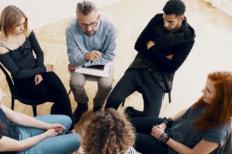 Group therapy session for alcohol recovery at rehab North Tawton.
