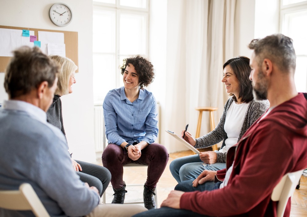 Group therapy session for alcohol rehab Weston Super Mare members.
