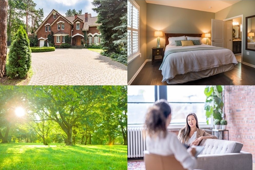 Peaceful rehab facility with therapy session, nature, and cozy room