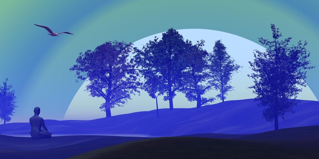Serene landscape with meditating figure, symbolizing substance abuse recovery