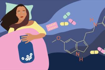 Illustration of woman with pills, symbolizing sleeping pill addiction recovery.