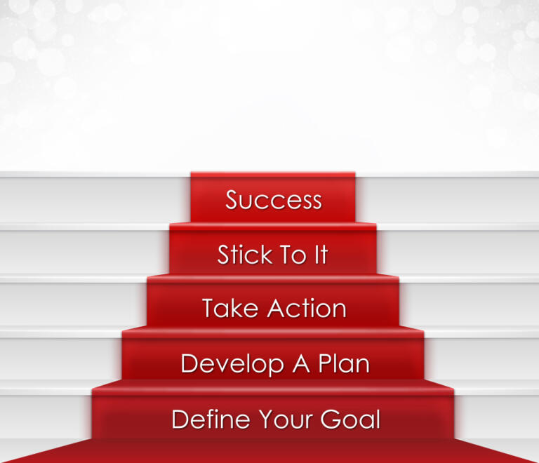Red and white staircase illustrating steps to achieve alcohol recovery goals