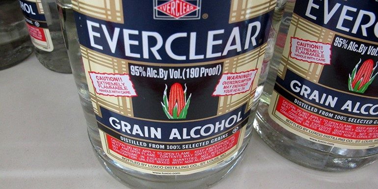 Bottles of grain alcohol, a potent type of alcohol, labelled Everclear.