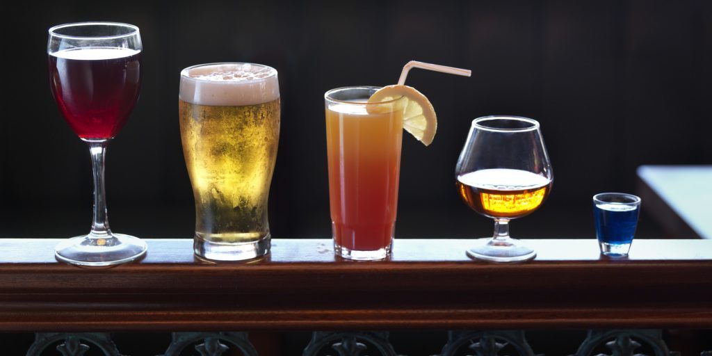 Image showing types of alcohol: wine, beer, cocktail, liquor, and shot