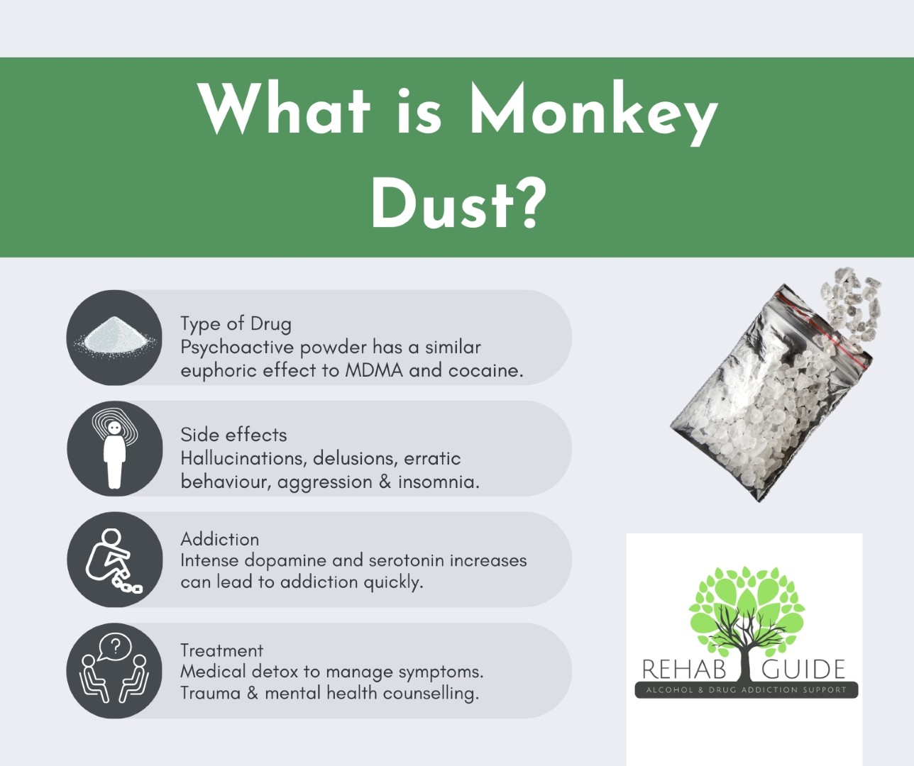 Image explaining what Monkey Dust is, showing drug effects and risks.