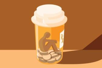 Illustration of a person trapped inside a pill bottle, symbolizing addiction