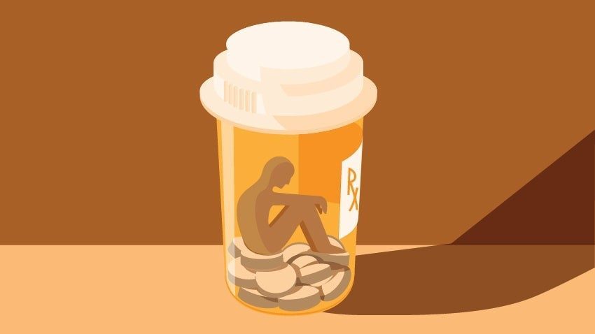 Illustration of a person trapped inside a pill bottle, symbolizing addiction