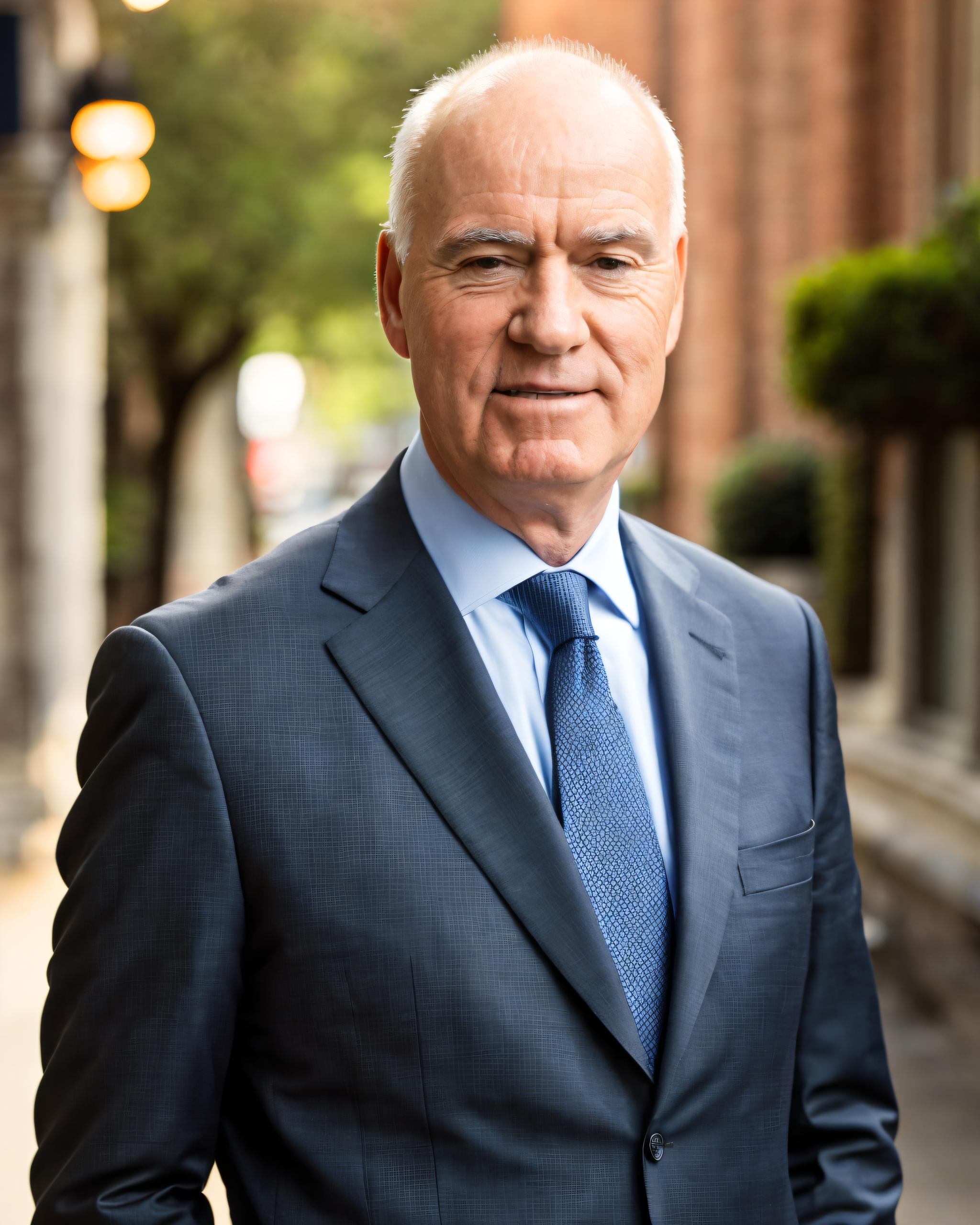 John McLean wearing a grey suit with blue shirt and tie